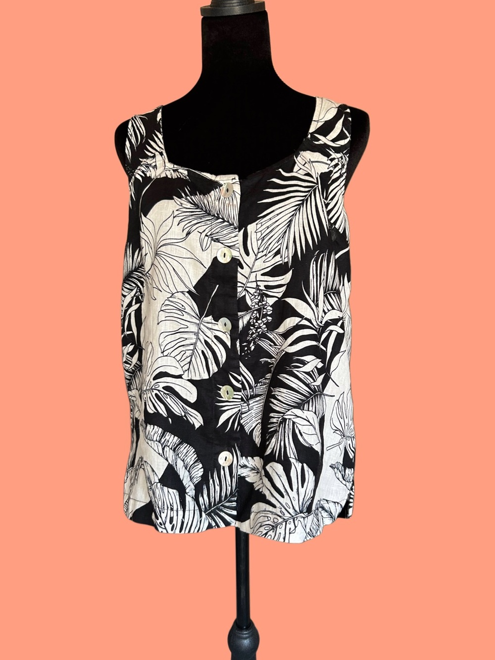 Christian Siriano Linen B&W Tropical Palm Leaf Tank, L